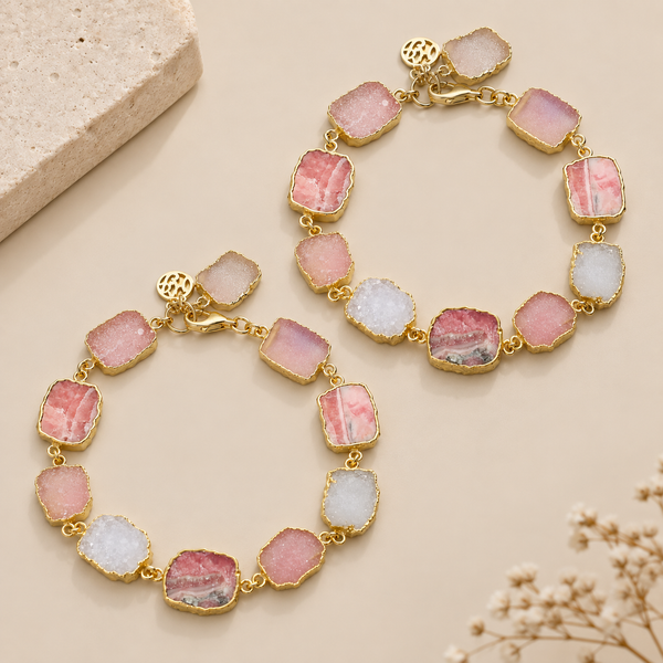 Rhodochrosite and Druzy Semi Precious Gemstone Bracelet