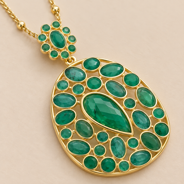 Emerald Statement Pendant Necklace 18 Inch Satellite Chain with 2 Inch Extender Sterling Silver Gold Plated