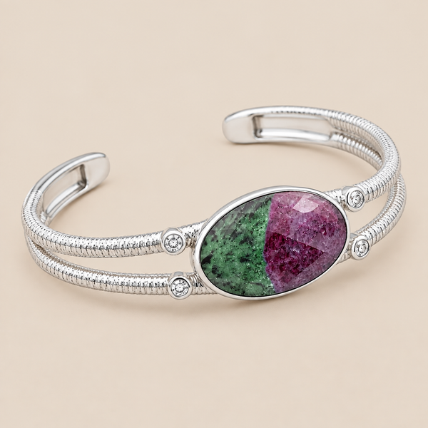 Ruby in Zoisite Sterling Silver Rhodium Gemstone Cuff Bangle Bracelet