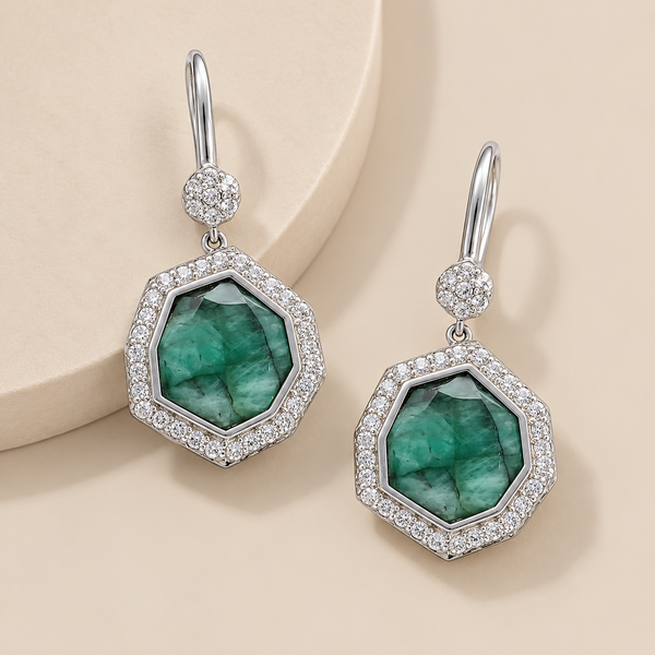 Emerald Gemstone Statement Drop Earrings Sterling Silver Rhodium