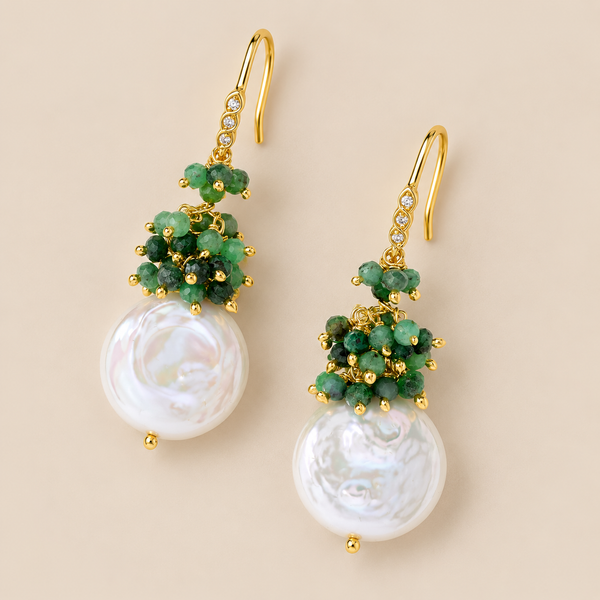 Emerald and Fresh Water Pearl Unique Dangle Drop Earrings Sterling Silver Gold Plated
