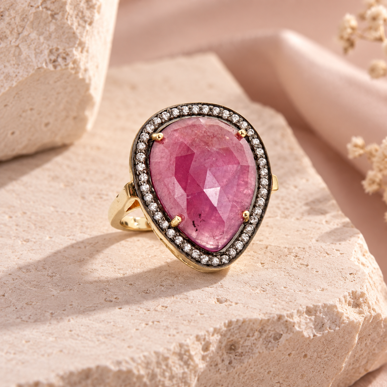 Ruby Large Gemstone Cocktail Ring Sterling Silver Gold Plated for Ladies