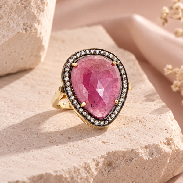Ruby Large Gemstone Cocktail Ring Sterling Silver Gold Plated for Ladies
