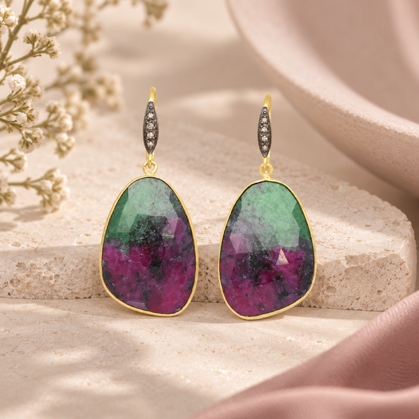 Ruby in Zoisite and Champagne Diamond Sterling Silver Gold Plated Earrings