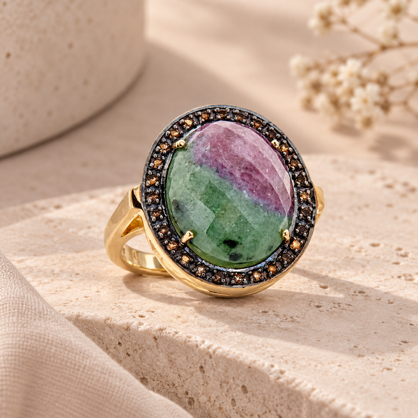 Ruby in Zoisite Large Gemstone Statement Cocktail Ring Sterling Silver Gold Plated for Ladies