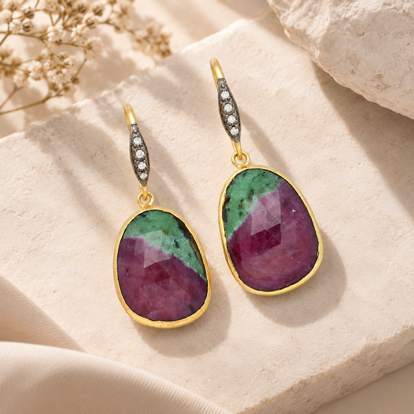 Ruby in Zoisite with Natural Zircon Sterling Silver Gold Plated Earrings