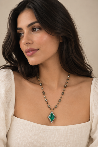 Green Chalcedony Long Strand Vintage Pendant Necklace on 19 Inch Pyrite Chain with 2 Inch Extender