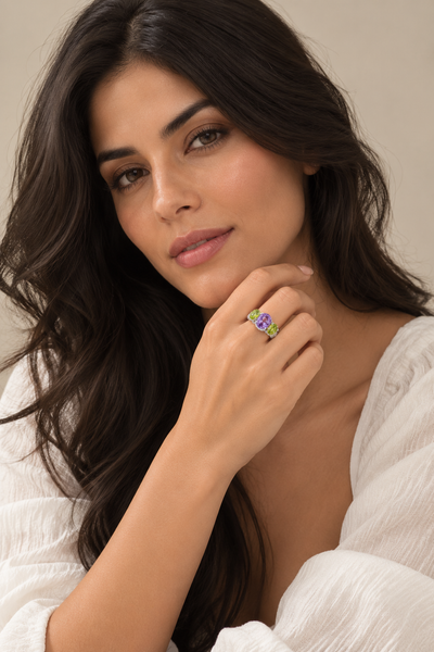 Amethyst and Peridot Statement Cocktail Ring Sterling Silver Rhodium for Ladies