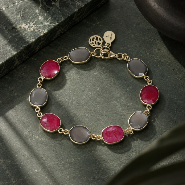 Ruby Corundum and Gray Moonstone Sterling Silver Gemstone Bracelet