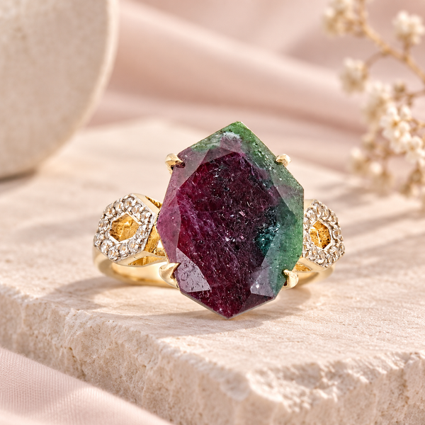 Ruby in Zoisite Statement Cocktail Ring Sterling Silver Gold Plated for Ladies