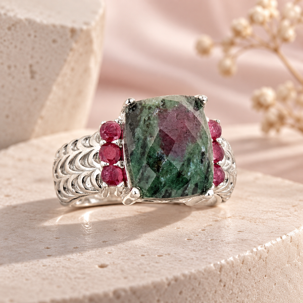 Ruby in Zoisite Statement Cocktail Ring Sterling Silver Rhodium for Women