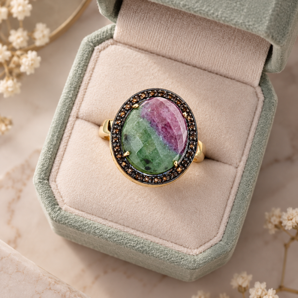 Ruby in Zoisite Large Gemstone Statement Cocktail Ring Sterling Silver Gold Plated for Ladies