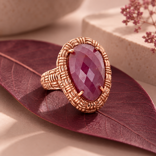 Ruby Large Gemstone Dinner Ring Sterling Silver Rose Rhodium for Women