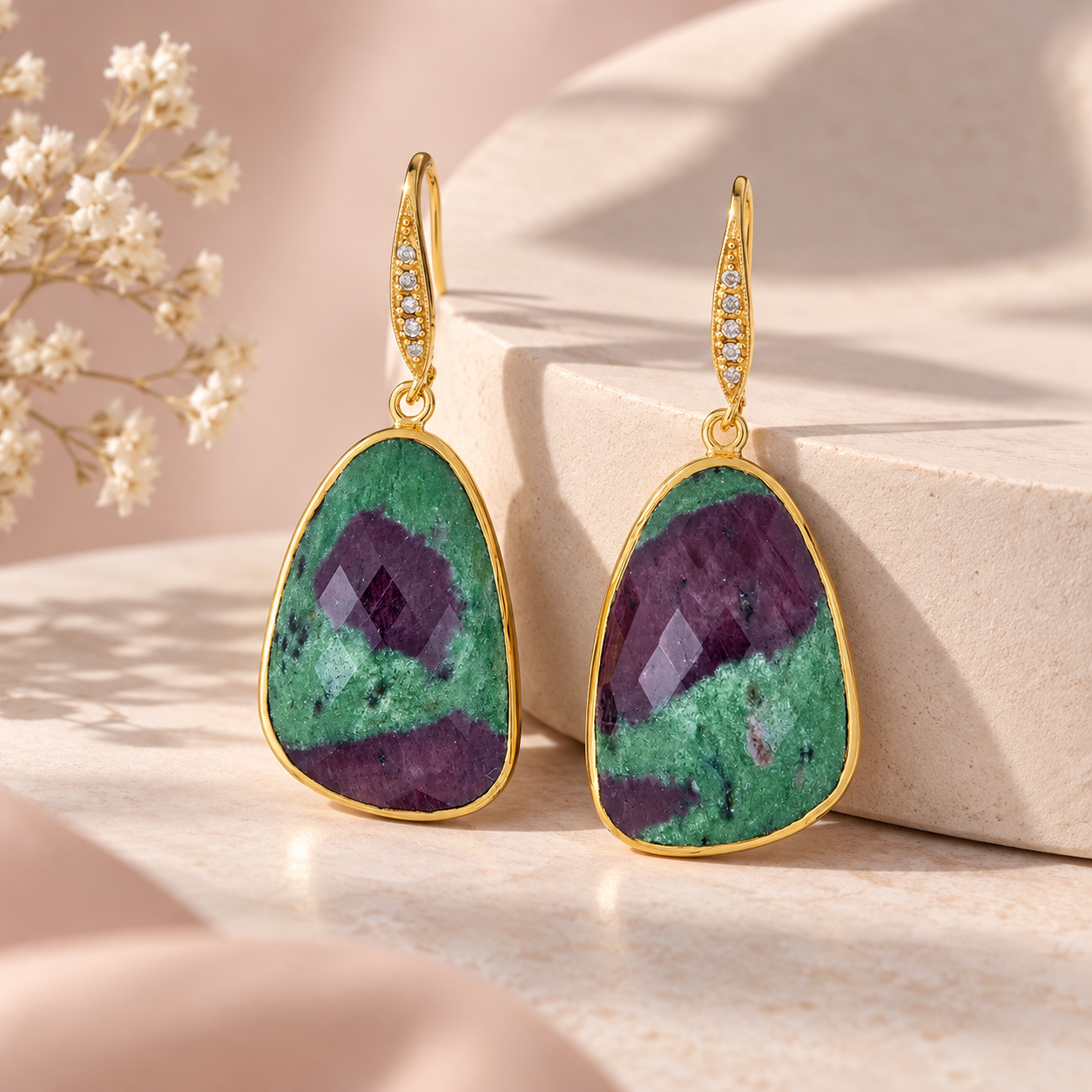 Ruby in Zoisite Gemstone Drop Earrings Sterling Silver Gold Plated
