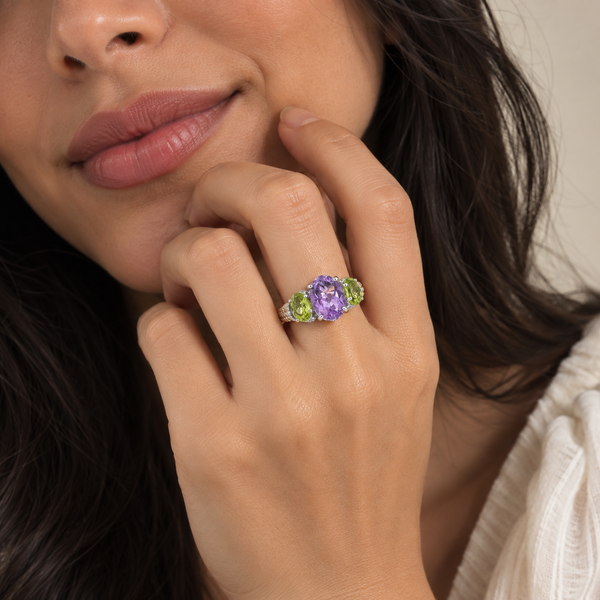 Amethyst and Peridot Statement Cocktail Ring Sterling Silver Rhodium for Ladies