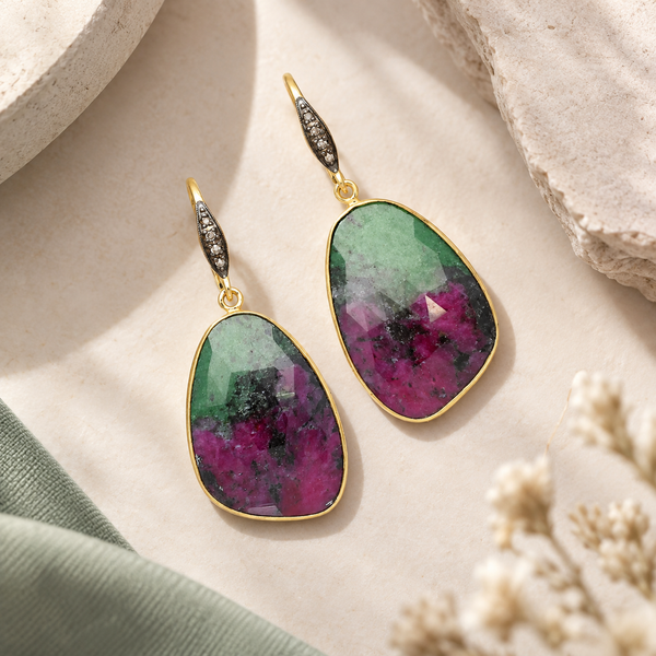 Ruby in Zoisite and Champagne Diamond Sterling Silver Gold Plated Earrings