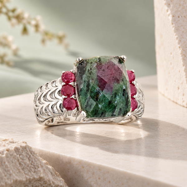 Ruby in Zoisite Statement Cocktail Ring Sterling Silver Rhodium for Women