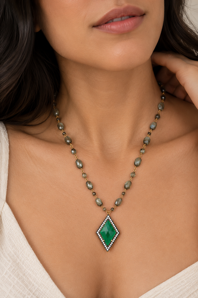 Green Chalcedony Long Strand Vintage Pendant Necklace on 19 Inch Pyrite Chain with 2 Inch Extender