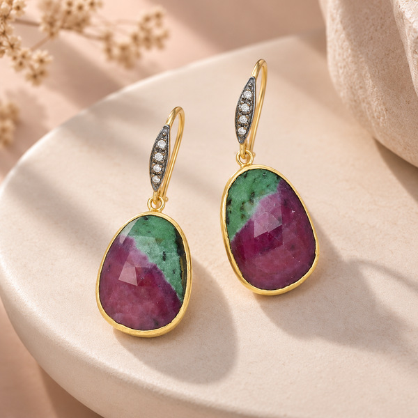 Ruby in Zoisite with Natural Zircon Sterling Silver Gold Plated Earrings