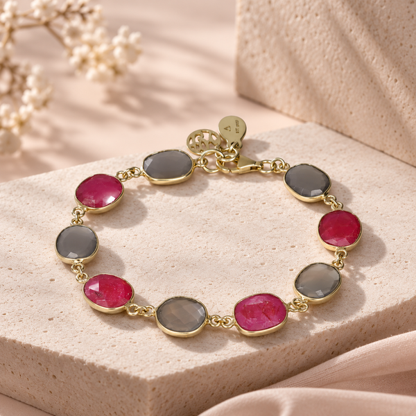 Ruby Corundum and Gray Moonstone Sterling Silver Gemstone Bracelet