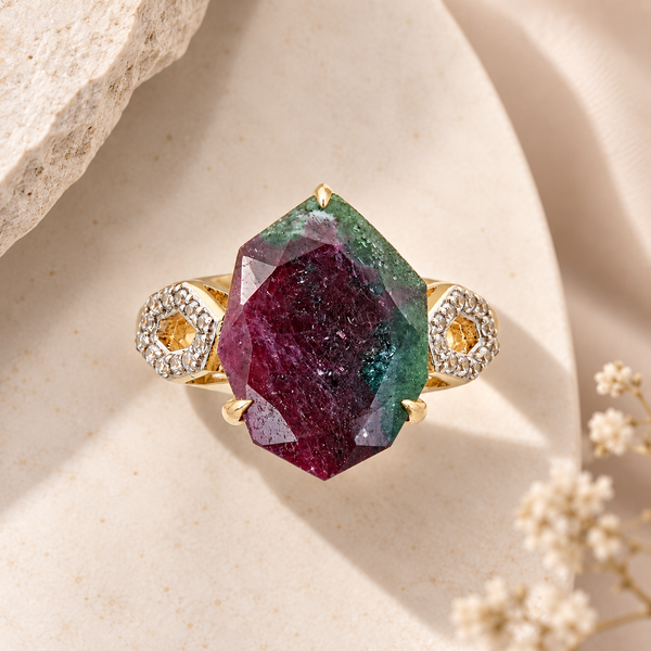 Ruby in Zoisite Statement Cocktail Ring Sterling Silver Gold Plated for Ladies