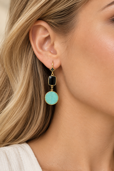 Black Onyx and Amazonite Unique Dangle Earrings Sterling Silver Gold Plated
