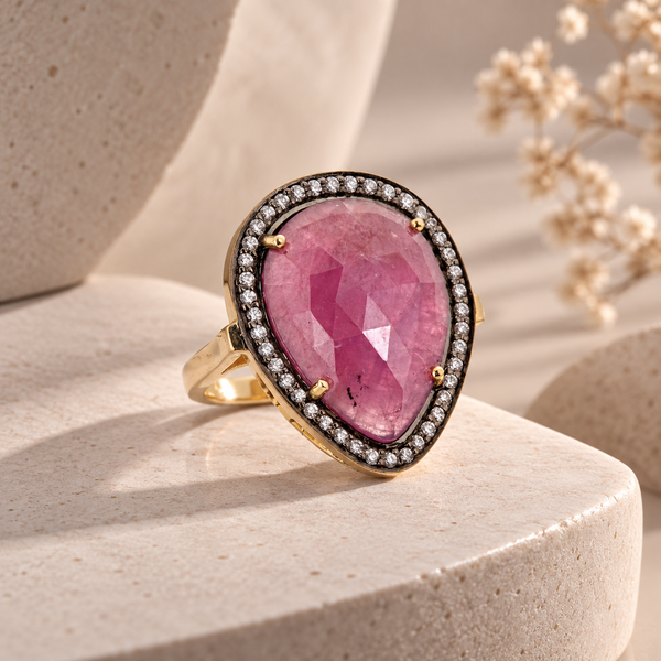 Ruby Large Gemstone Cocktail Ring Sterling Silver Gold Plated for Ladies