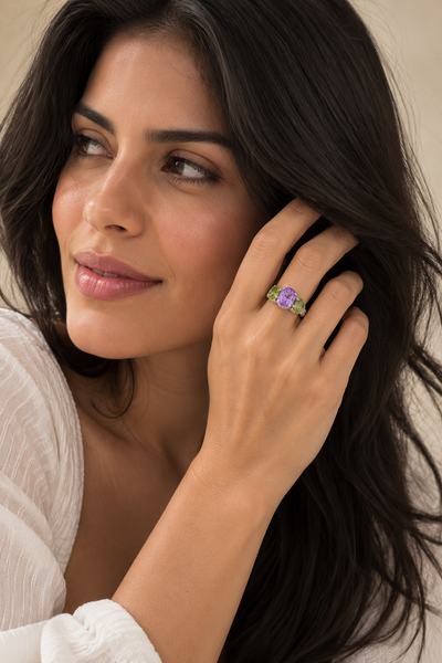 Amethyst and Peridot Statement Cocktail Ring Sterling Silver Rhodium for Ladies