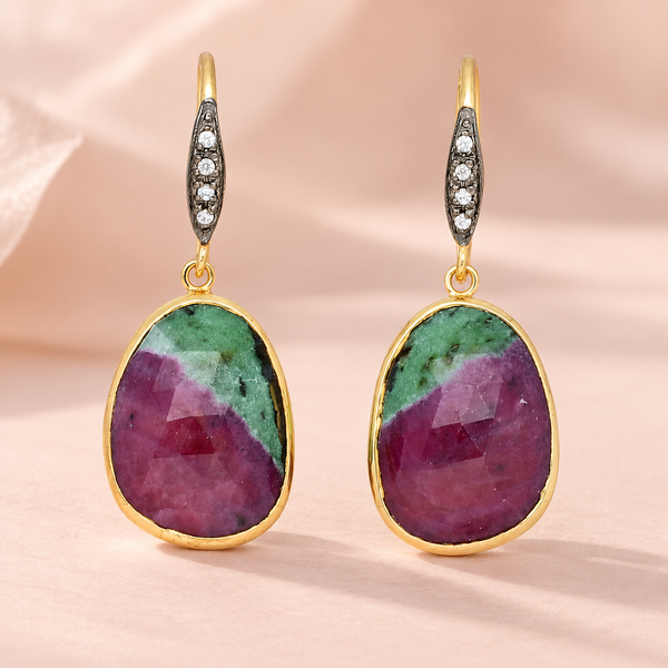 Ruby in Zoisite with Natural Zircon Sterling Silver Gold Plated Earrings