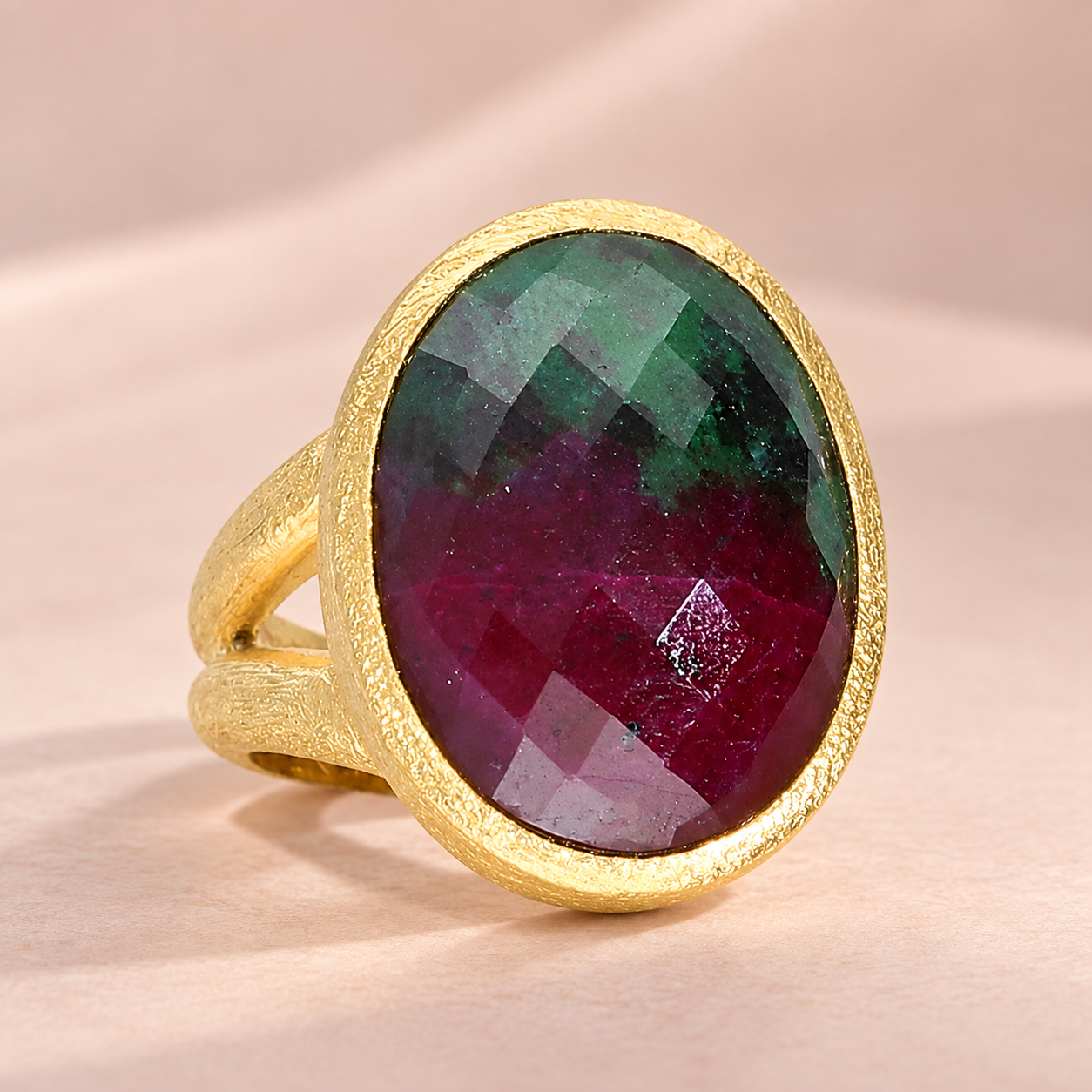 Ruby in Zoisite Large Gemstone Cocktail Ring Sterling Silver Gold Plated for Ladies