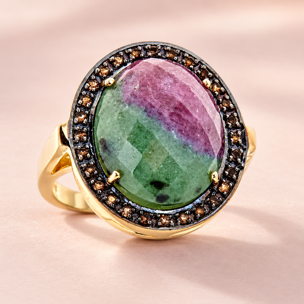 Ruby in Zoisite Large Gemstone Statement Cocktail Ring Sterling Silver Gold Plated for Ladies