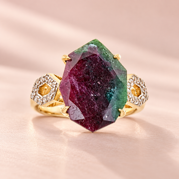 Ruby in Zoisite Statement Cocktail Ring Sterling Silver Gold Plated for Ladies