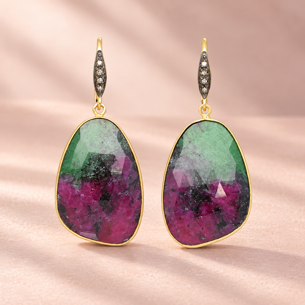 Ruby in Zoisite and Champagne Diamond Sterling Silver Gold Plated Earrings