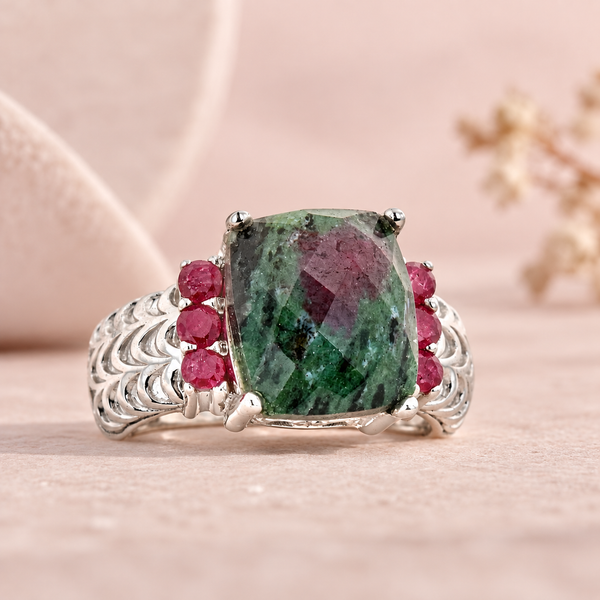 Ruby in Zoisite Statement Cocktail Ring Sterling Silver Rhodium for Women