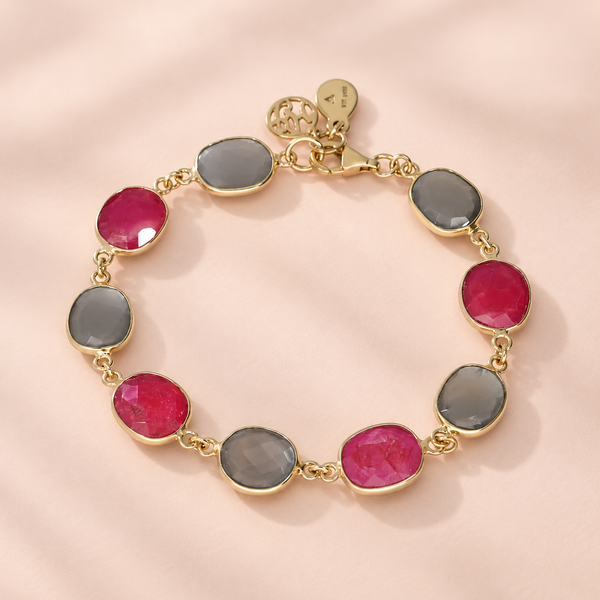 Ruby Corundum and Gray Moonstone Sterling Silver Gemstone Bracelet