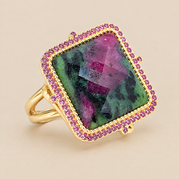 Ruby in Zoisite Large Gemstone Cocktail Ring Sterling Silver Gold Plated for Women