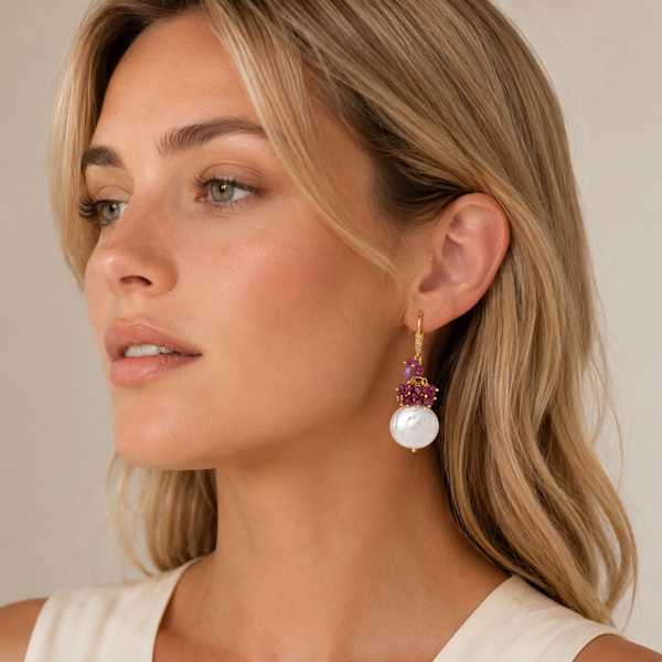 Ruby and Fresh Water Pearl Unique Dangle Drop Earrings Sterling Silver Gold Plated