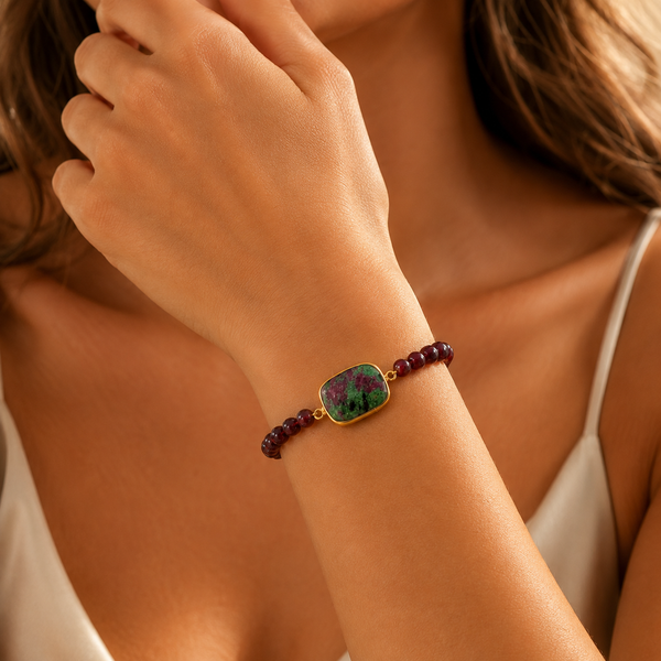 Garnet Gemstone Beaded Stretch Bracelet with Ruby in Zoisite Charm
