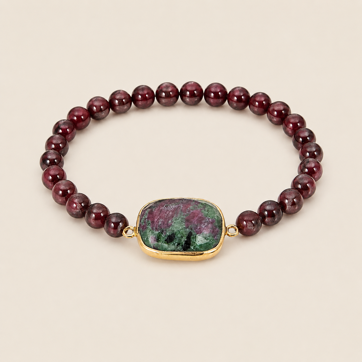 Garnet Gemstone Beaded Stretch Bracelet with Ruby in Zoisite Charm