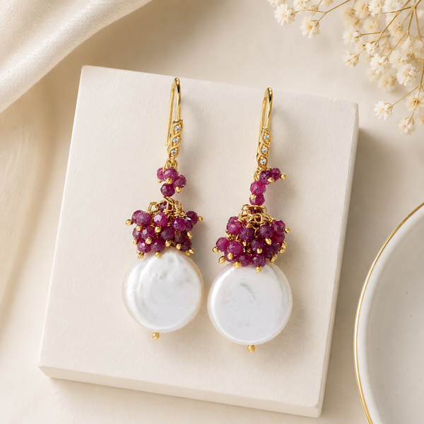 Ruby and Fresh Water Pearl Unique Dangle Drop Earrings Sterling Silver Gold Plated