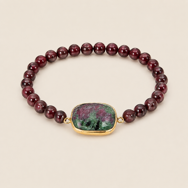Garnet Gemstone Beaded Stretch Bracelet with Ruby in Zoisite Charm