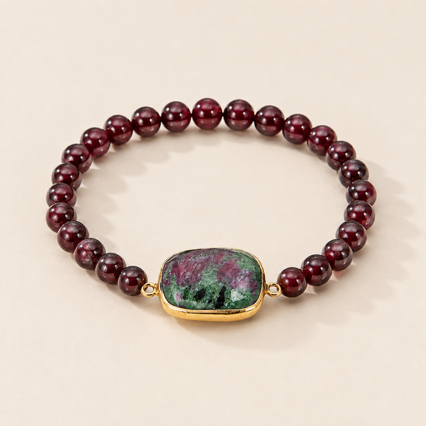Garnet Gemstone Beaded Stretch Bracelet with Ruby in Zoisite Charm