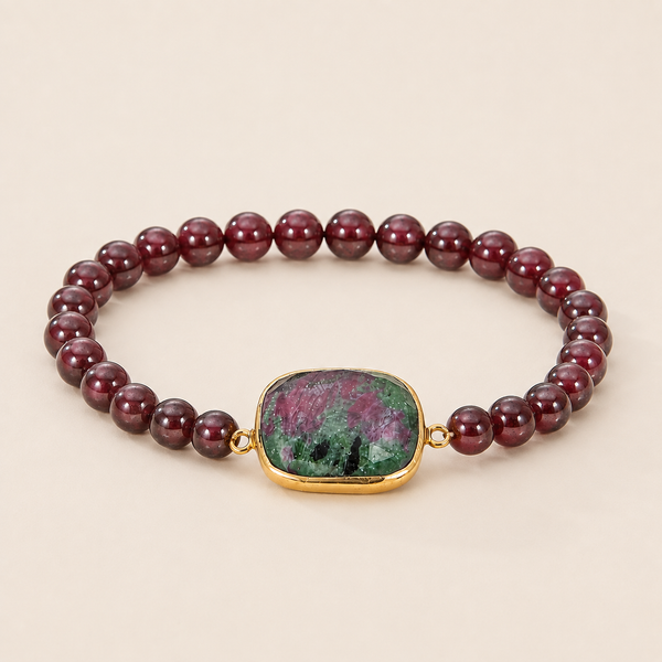 Garnet Gemstone Beaded Stretch Bracelet with Ruby in Zoisite Charm