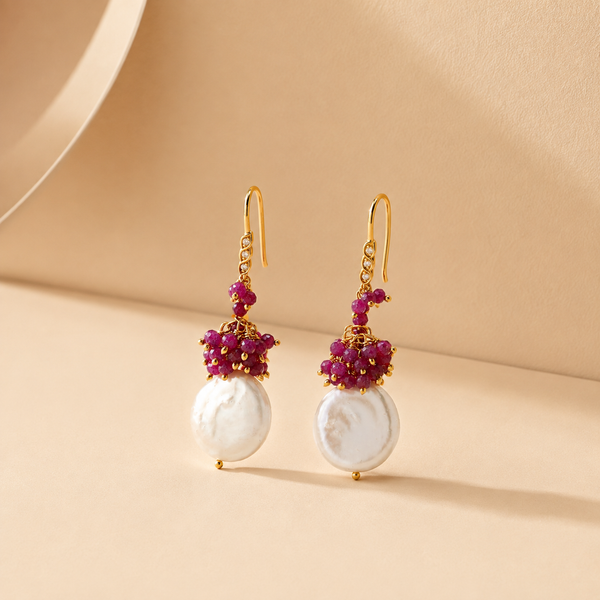 Ruby and Fresh Water Pearl Unique Dangle Drop Earrings Sterling Silver Gold Plated