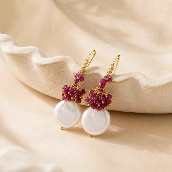 Ruby and Fresh Water Pearl Unique Dangle Drop Earrings Sterling Silver Gold Plated