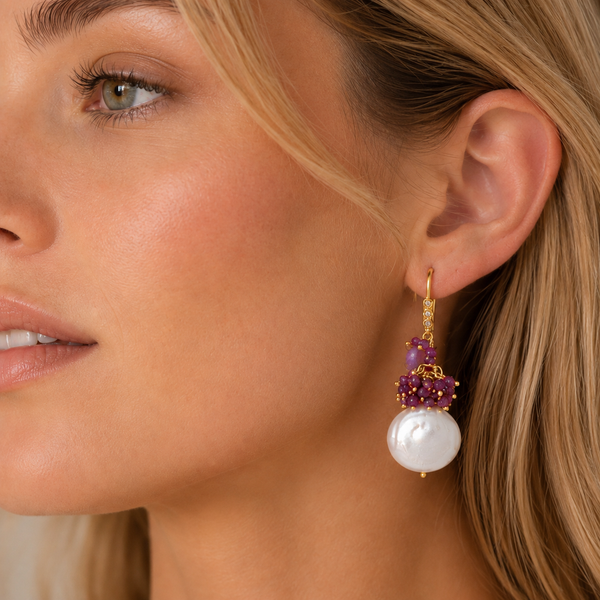 Ruby and Fresh Water Pearl Unique Dangle Drop Earrings Sterling Silver Gold Plated