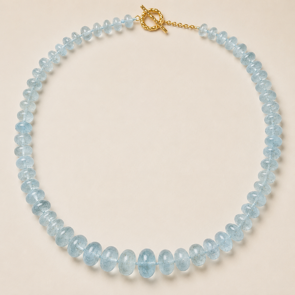 Blue Milky Aquamarine Bead Necklace in Sterling Silver 22k Gold Plated. 18"