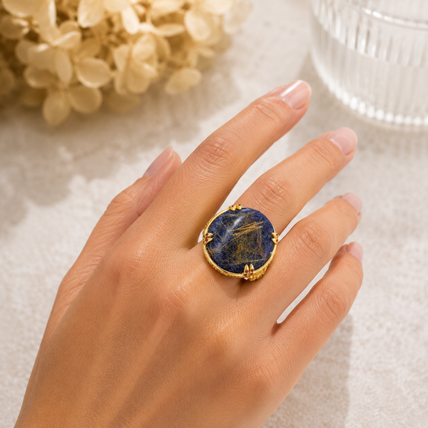 Lapis Lazuli Doublet Large Gemstone Cocktail Ring Sterling Silver Gold Plated