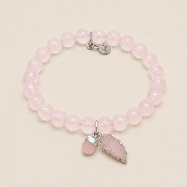 Rose Quartz Gemstone Beaded Stretch Bracelet with Sterling Silver Rhodium Charm