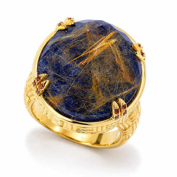 Lapis Lazuli Doublet Large Gemstone Cocktail Ring Sterling Silver Gold Plated